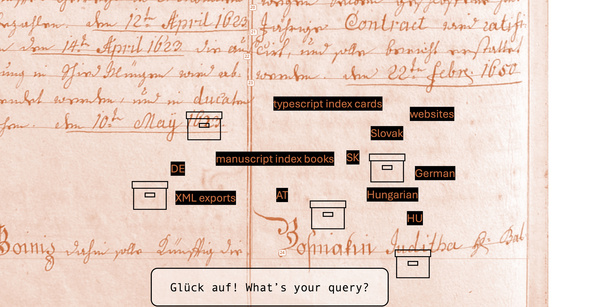 Collage of a historical document, text blocks indicating various data formats and languages, and a chatbot interface asking “Glück auf! What’s your query”.